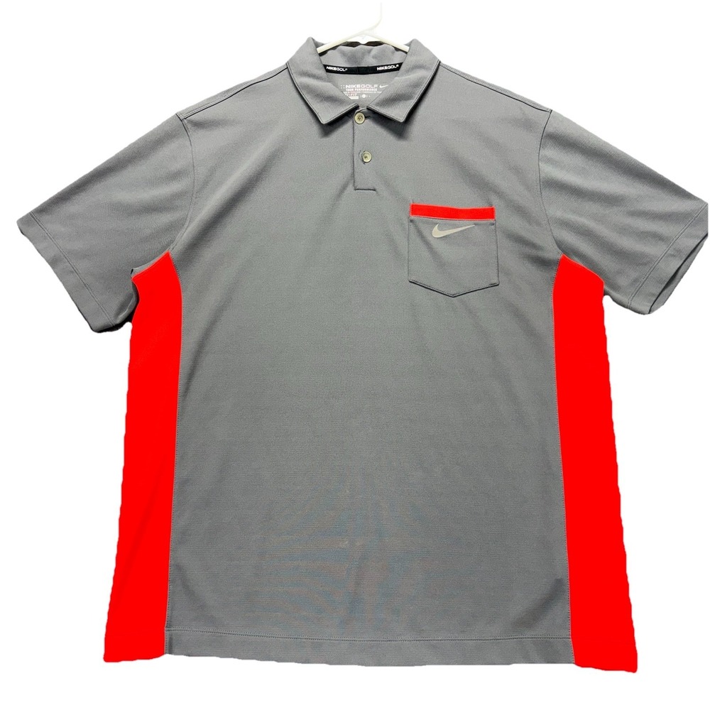 Nike Golf Polo Shirt Mens Large Grey  Red Dri-FIT Tour Performance Pocket Active
